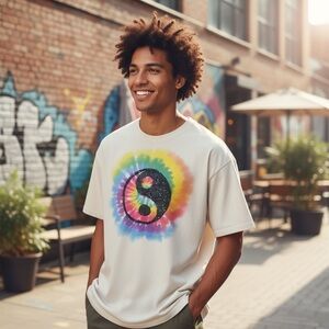 DOM Mens Tie Dye Yin Yang Graphic T Shirt Size XL Cotton Rainbow Psychedelic Y2K